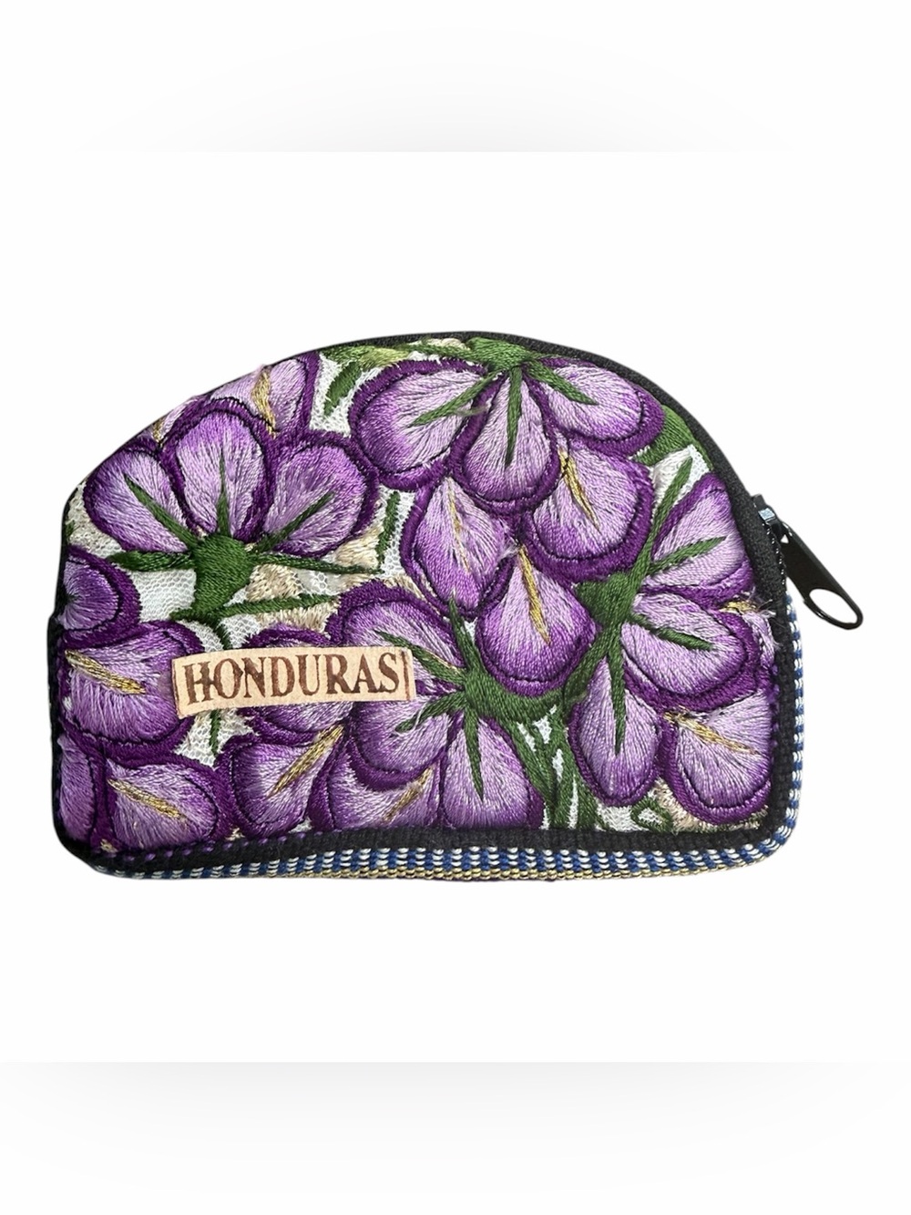 Honduras Patch Embroidered Thread Purple Floral Zipper Mini Coin Bag Pouch 5x3"